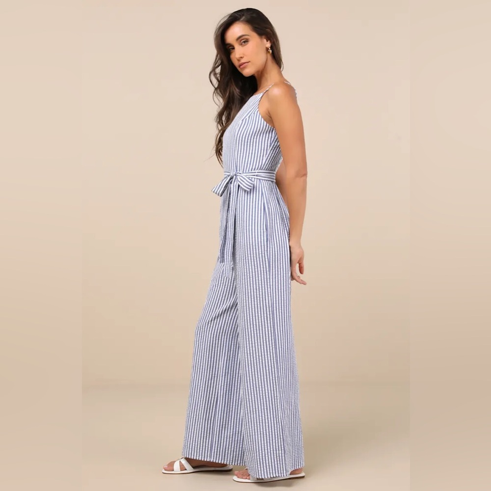 Messina Blue Striped Wide-Leg Jumpsuit by Lulus - Picture 2 of 9